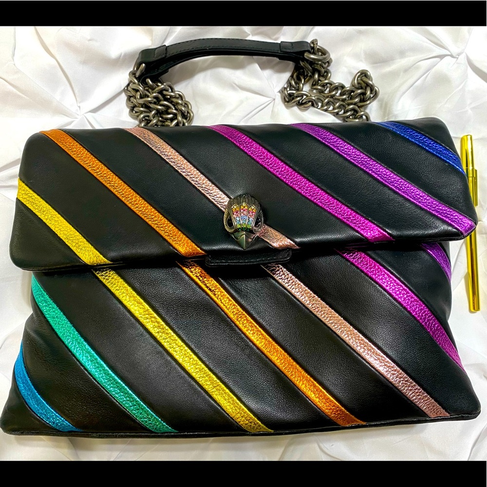 Kurt Geiger Black Leather Shoulder Bag with Metallic Rainbow Diagonal Stripes